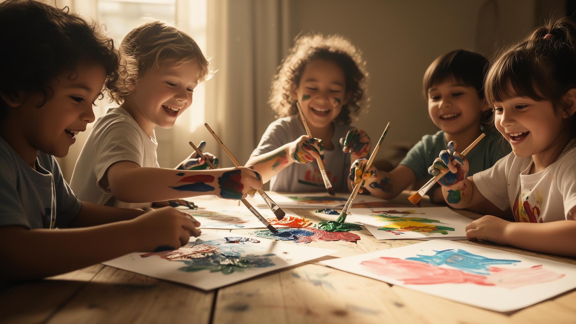 Children creating art together at a sunlit table